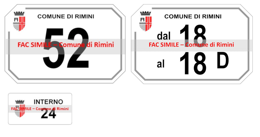 Fac simile piastrelle numeri civici esterni (in alto - dimensioni 17,5 cm x 11,5 cm) e targhette numeri civici interni (6 x 3 cm).