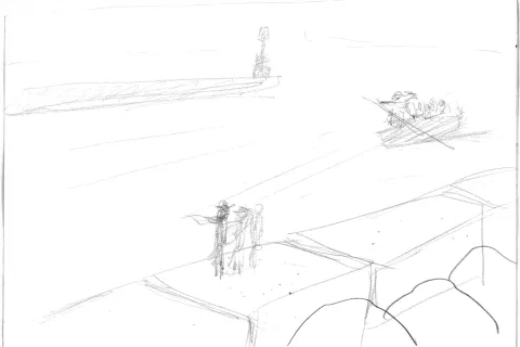 Fellini incompiuto: il disegno di Caronte sul porto canale di Rimini per Inferno 
