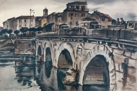“copia dell’acquerello del 'war artist' canadese George Campbell Tinning dipinto nell’ottobre 1944 donato al Comune di Rimini intitolato “The roman bridge Tiberius”