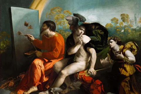 Giovanni Luteri detto Dosso, Giove pittore di farfalle, Mercurio e la Virtù