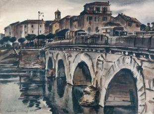 “copia dell’acquerello del 'war artist' canadese George Campbell Tinning dipinto nell’ottobre 1944 donato al Comune di Rimini intitolato “The roman bridge Tiberius”